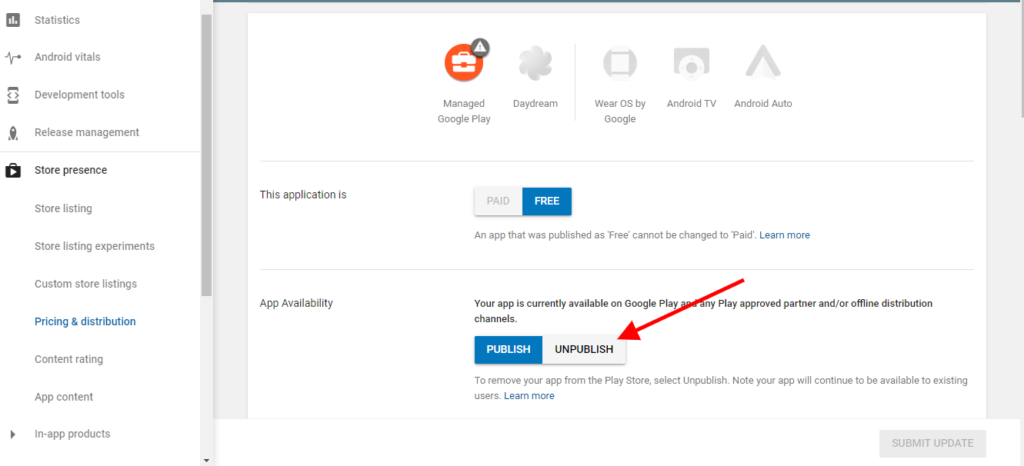 How to unpublish the android app from google play store